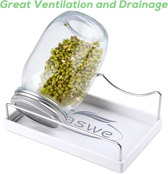 Sprouting Jar Kit-2 Wide Mouth Quart Mason Jars with 316 Stainless Steel Screen Sprout Lids, Drip Tray, Stand | Seed Sprouter Set for Growing Broccoli, Alfalfa, Mung Bean