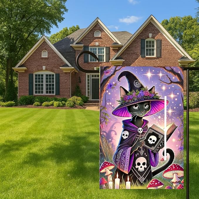 Halloween Garden Flag 11.81 x 17.72 Inch Black Cat in Witch Hat with Magic Book Candles Mushrooms and Starry Night Outdoor Yard Decoration for Holiday Party