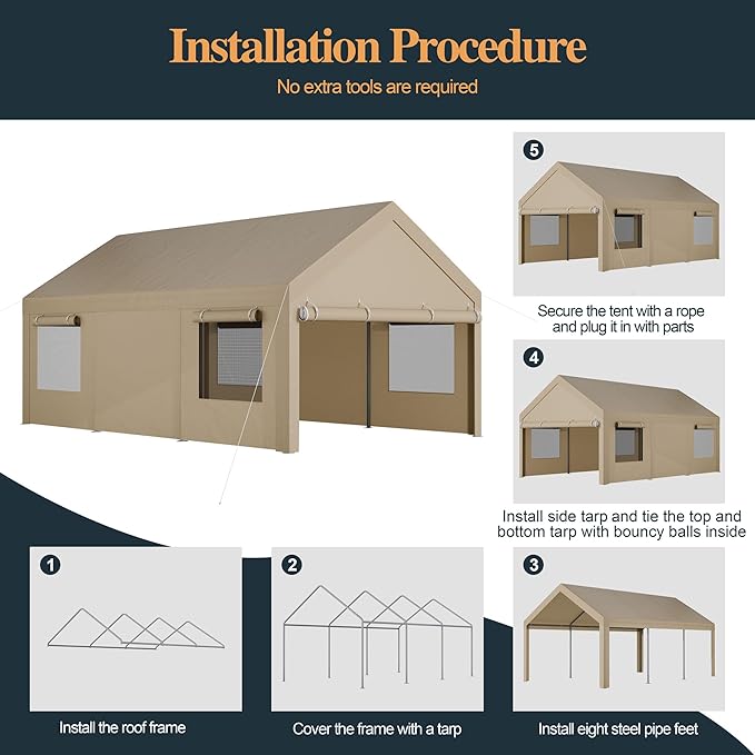 Shintenchi Portable Garage Canopy,10x20 FT Heavy-Duty Design Carport,Carport Canopy with Side-Opening Removable Door & Roll-Up Window,Portable Car Port for Car, Truck, Boat,Khaki