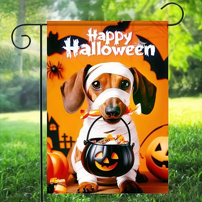 Halloween Decorations Outdoor Garden Flag 12x18 Inch Double Sided Dachshund Dog Pumpkin Ghost Skeleton Fall Decor Yard Lawn Porch Patio Banner Halloween Garden Flags