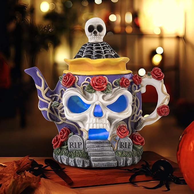 Light Up Halloween Haunted House Decor, 8.3"X 8.1" Resin Skull Head Decorative Teapot Figurine with Roses, Spooky Skeleton Miniature Village Indoor Outdoor Table Mantel Decorations for Home