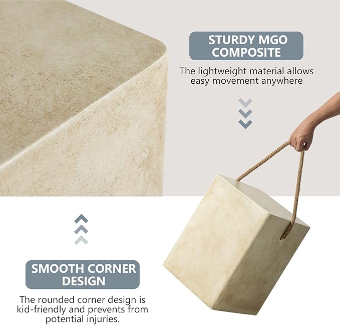 COSIEST Set of 2 Concrete Side Table, Rectangular Outdoor Side Table w Hemp Rope Handles,15''Patio Side Tables End Table, Outdoor Accent Side Table for Garden and Patio, Beige