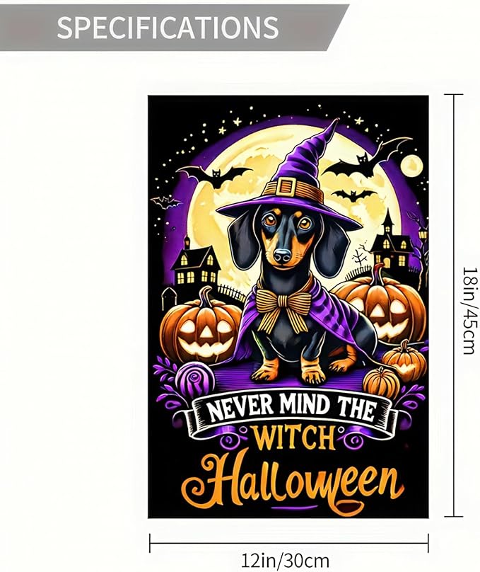 Witch Halloween Garden Flag 12 x 18 Double-Sided Witch Hat Dachshund Dog Garden Flag Fall Pumpkins Seasonal Holiday Outdoor Yard Flag Lawn Party Decorations Banner