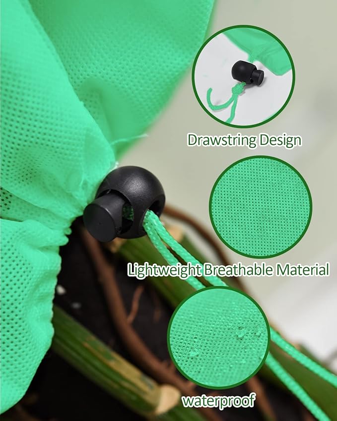 EAONE 12 Pack Plant Covers Freeze Protection, 24x32'' Winter Frosts Cloth for Outdoor Plants, Reusable Frost Blankets Drawstring Bags for Cold Freeze Sun Protection Bird Insect Prevention,Green