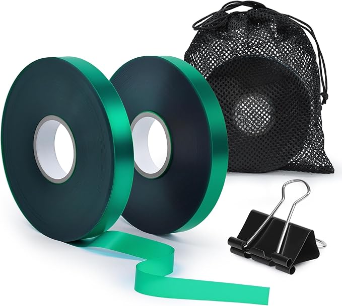2 Rolls Plant Tie Tape, 0.5 in × 197 ft Each (394 ft Total) – Soft Stretch PVC Garden Ties, Reusable Non-Adhesive, with Binder Clip & Mesh Storage Bag for Tomato, Vine, Flower & Tree Suppor