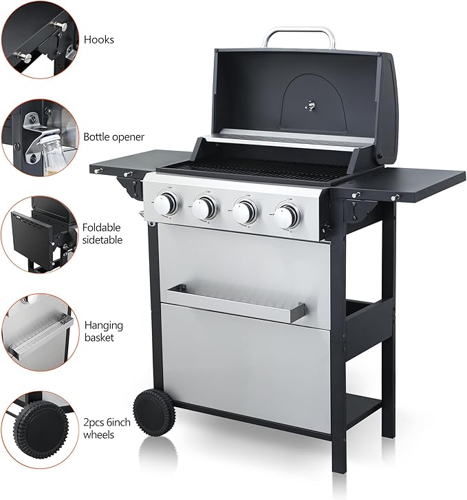 4-Burner Propane Gas Grill, 34,200 BTU Outdoor BBQ Grill with Stainless Steel Warming Rack & Enameled Cooking Grids – Foldable Side Tables, Built-in Thermometer, Hanging Basket – Heavy-Duty 6" Wheels