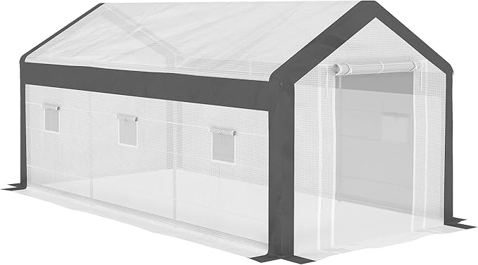Outsunny 20' x 10' x 9' Walk-in Greenhouse, Outdoor Gardening Canopy with 6 Roll-up Windows, 2 Zippered Doors & Weather Cover, White