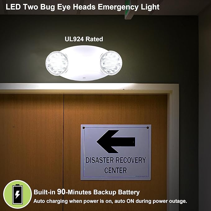 LIT-PaTH LED Emergency Lighting Fixtures with 2 LED Bug Eye Heads and Back Up Batteries- US Standard Exit Light, UL 924 and CEC Qualified, 120/277 Voltage, White, 2-Pack