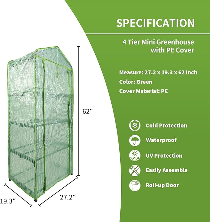Mini Greenhouse for Indoor Outdoor, Portable 4 Tier Greenhouse with Durable PE Cover, 27"x19"x62" Small Gardening Green House