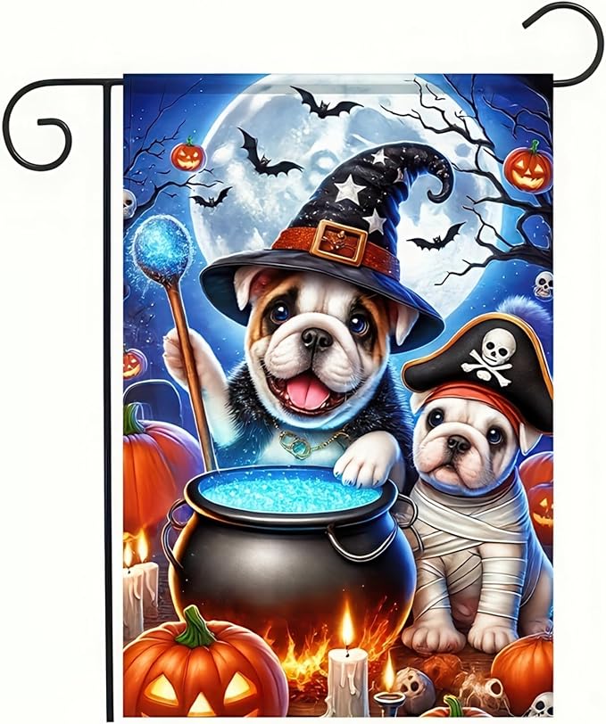 Halloween Garden Flag Double Sided 12x18 Flag Cute Dog Flag Bulldog Halloween Garden Flag Dogs In Wizard And Pirate Costumes Cauldron Pumpkins Full Moon Fun Outdoor Yard Lawn Decoration