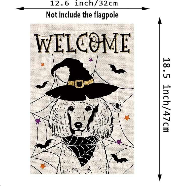Halloween Garden Flag Poodle Cobweb Bats Double Sided Vertical Welcome Flag Holiday Outdoor Yard Lawn Decorations 12.5 x 18 Inch