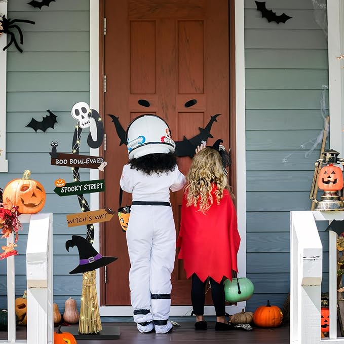 Halloween Decorations |Lighted Witch's Broom Halloween Wooden Porch Sign | Spooky Light Up Witch Decorations Sign for Indoor Outdoor Yard Decor