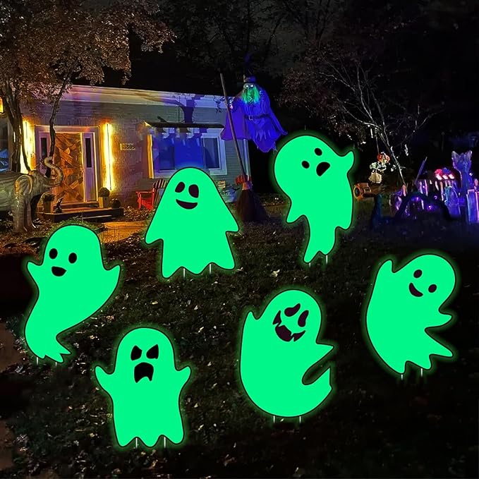 6Pcs Halloween Ghost Yard Stakes Glow in The Dark, 17"x12" Large Light Up Scary Ghost Decorations for Outdoor Lawn, Porch, Cemetery and Indoor Haunted House Displays, Waterproof and Easy Setup