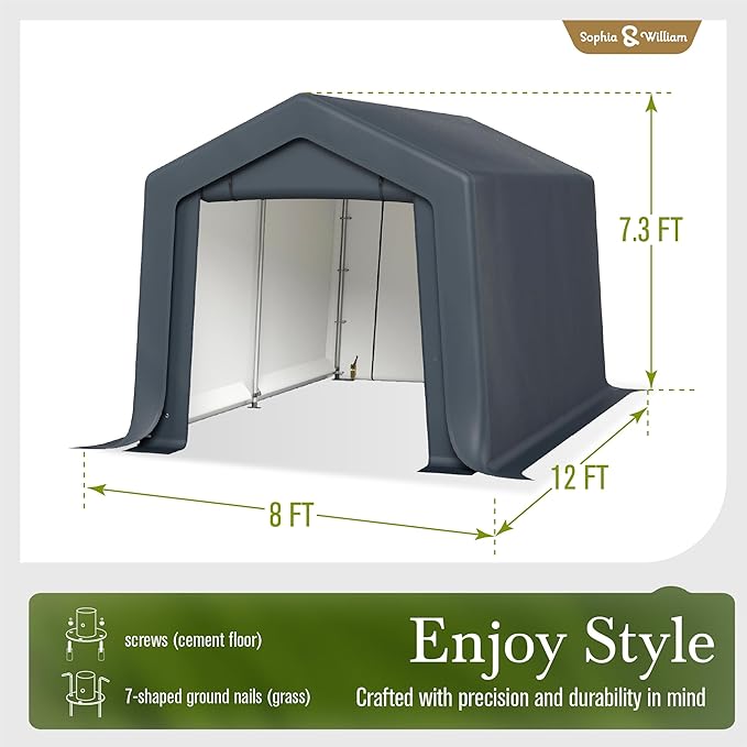 Sophia & William Outdoor Storage Shed Carport 8x12 ft Heavy Duty, Portable Garden Yard Car Port Shelter Storage Tent Garage with Roll Up Doors and Ventilation, Grey