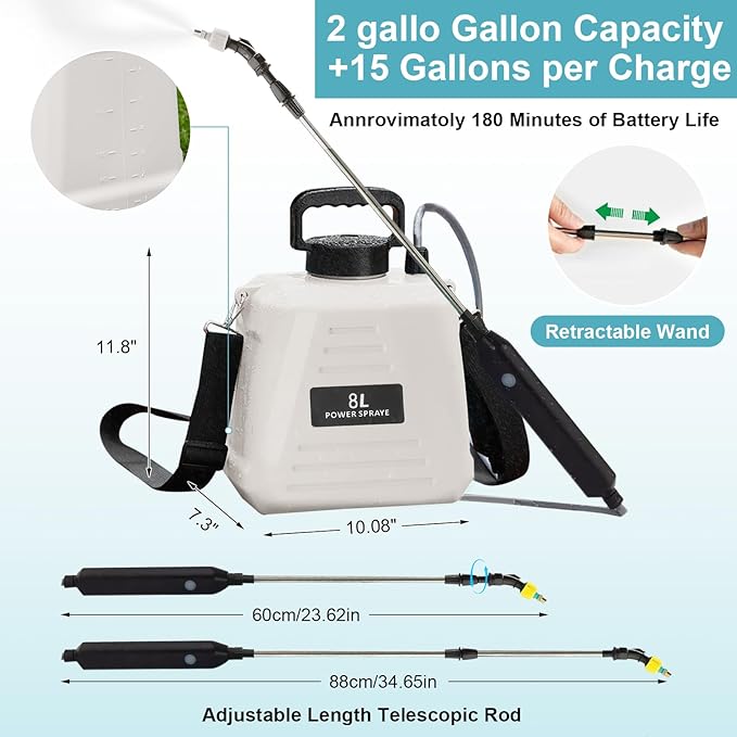 Battery Powered Sprayer 2 Gallon, 2025 Upgraded Electric Garden Sprayer with 3 Nozzles & 4 Spray Modes,Rechargeable Handle, Retractable Wand and Adjustable Shoulder Strap for Weed Killer, Lawn, Yard