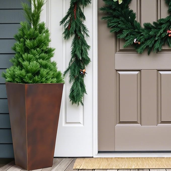 Worth Garden 12" Dia x 25" H Large Metal Planter Set of 2, Matte Bronze Retro Finish Tall Square Tapered Steel Plant Pots, Decor Flower Pot Indoor & Outdoor, Drainage Hole & Dual-Purpose Plant Saucer