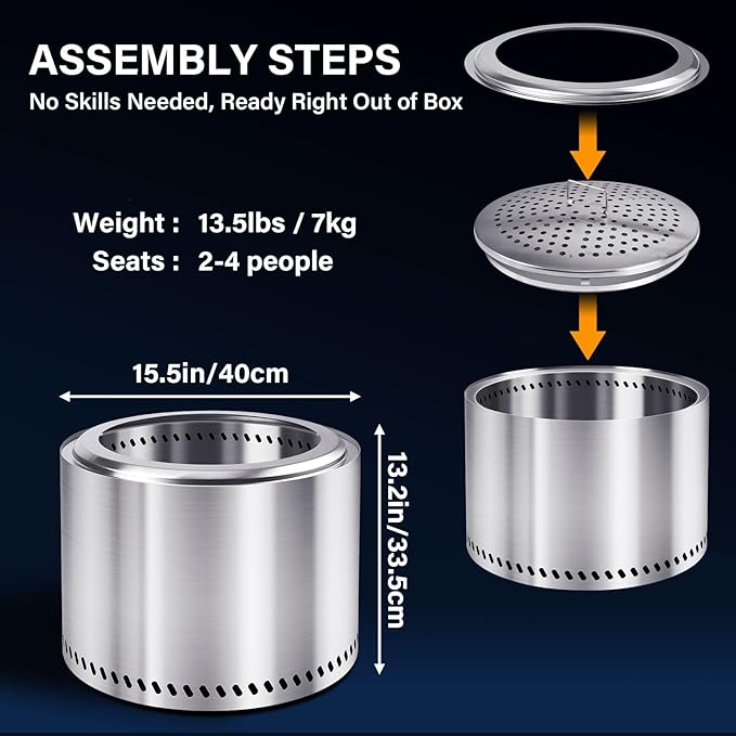 HGD 15.5" Smokeless Fire Pit Outdoor, Stainless Steel Wood Burning Firepit with Secondary Combustion, Backyard Patio Stove for Garden, BBQ & Bonfire