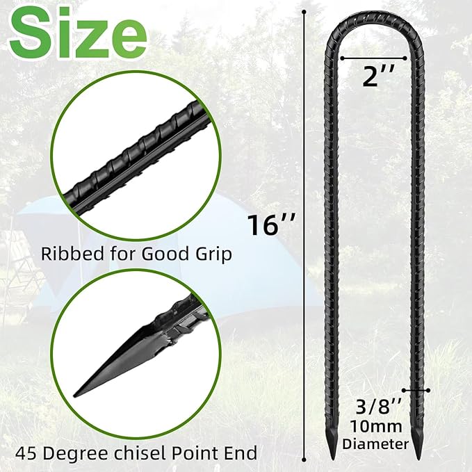 Black Trampoline Stakes Anchors High Wind 16inx10mm Galvanized U Hook 6pcs Rebar Stakes – Heavy Duty Ground Anchors for Trampoline,Yard & Inflatable,Landscape Metal Stakes for Outdoor Decorations