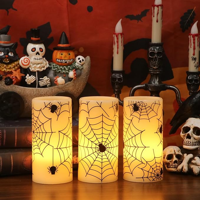 Eldnacele Halloween Flameless Candles with Timer,Battery Operated Spider Cobweb Decal Flickering Candles Real Wax LED Pillar Candle Set of 3 for Holiday Indoor Home Spooky Decor(3×6 Inches)