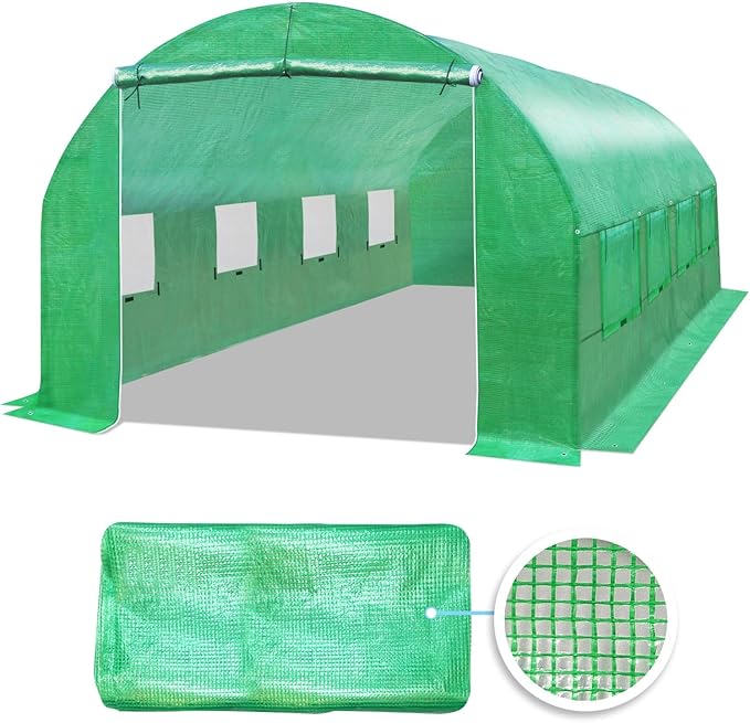 YardGrow Greenhouse Replacement Cover Larger Walk in Outdoor Plant Gardening Greenhouse (Frame Does NOT Included) (Green, 20'x10'x7')