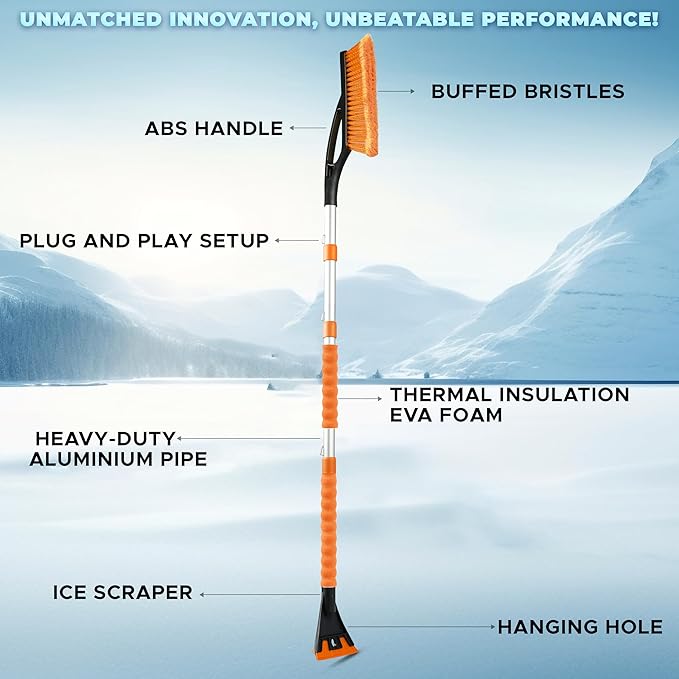EcoNour 57" Detachable Snow Brush with Ice Scraper for Car Windshield and Window | 4-in-1 Design, Scratch-Free Bristles, EVA Foam Grip | Perfect Snow Accessories for SUVs, Trucks, and Jeeps