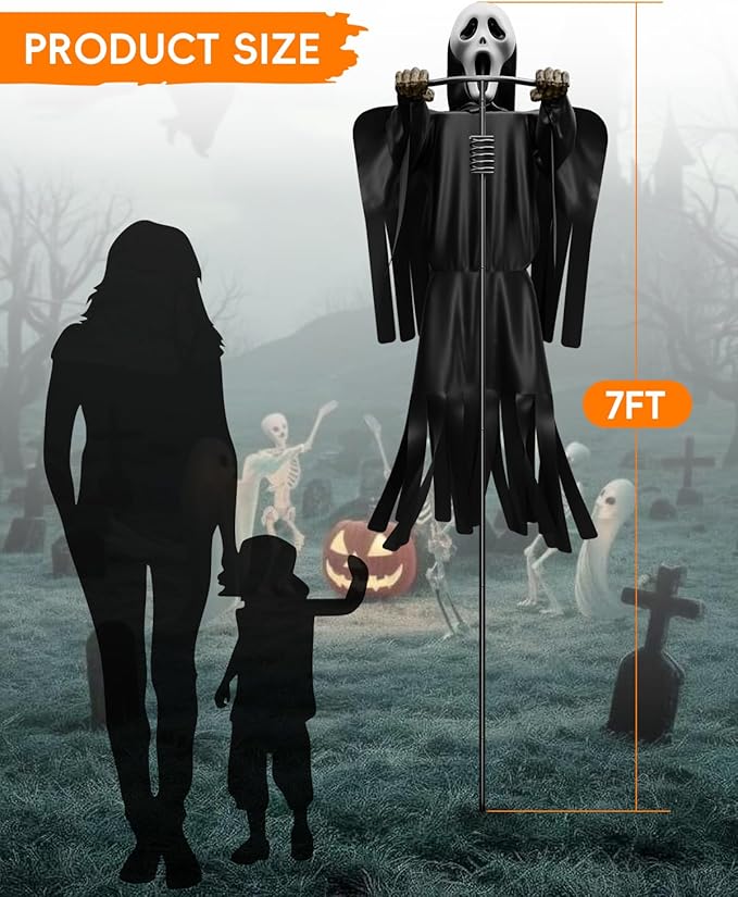COOLWUFAN Halloween Flying Scarecrow Ghost with Metal Pole, Large Scary Spooky Scarecrows Ghosts, Creepy Grim Animated Halloween Decorations for Outdoor Yard Porch Lawn Garden, Party (1 Pack)