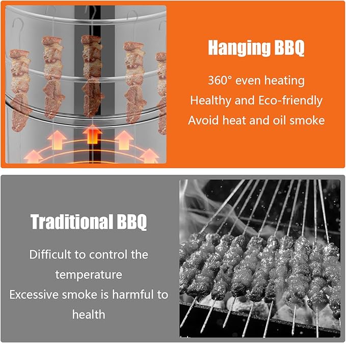 Large Portable Charcoal Grills, Stainless Charcoal BBQ Grill Barrel 360° Smokeless Outdoor with 50 Skewers, Boiling Pot Barbecue Smoker Grill for Travel, Outdoor Cooking and BBQ