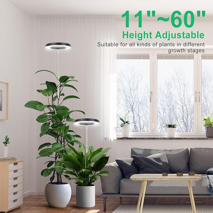 LORDEM Plant Grow Light, Full Spectrum Plant Light for Indoor Plants, Brightness Adjustable LED Growing Lamp with Auto On/Off Timer 4H/8H/12H, Height Adjustable, 2 Packs of Black