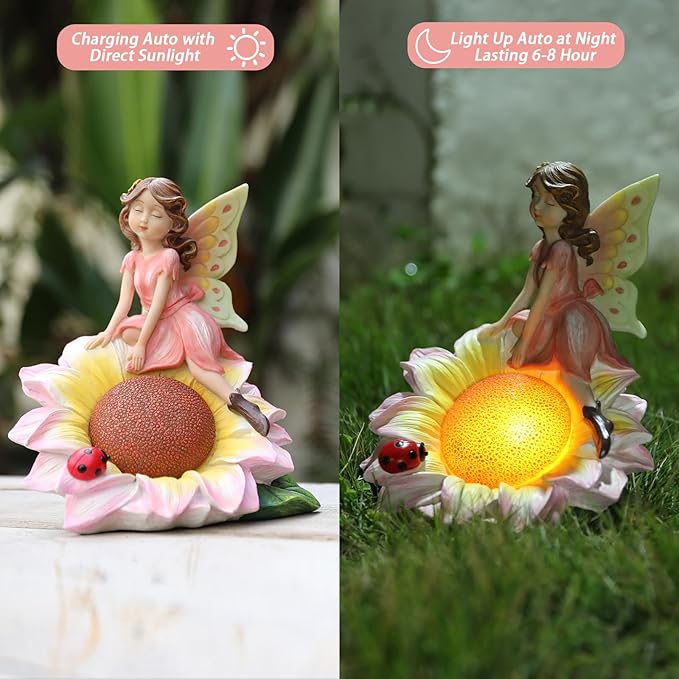 Fairy Garden Statues Outdoor Decor, Solar Fairy Lights Outdoor Sunflower Decor Lawn Ornaments Resin Sculptures Fairies Garden Decor for Outside Yard Art Patio Porch, Gifts for Women Mom