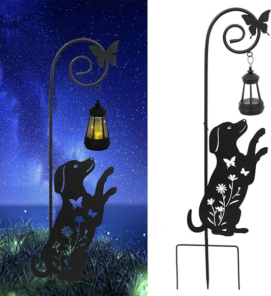 Solar Dog Lantern Garden Stakes - Outdoor Decorative Solar Lights for Yard, Patio, Pathway - Weatherproof Metal Dog Stake with Auto Night Lighting