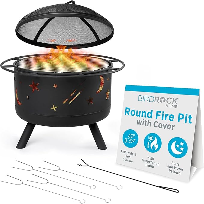 BIRDROCK HOME 30″ Round Wood-Burning Fire Pit – Portable Outdoor Patio & Garden Fire Bowl with Stars & Moon Cut-Outs, Spark Screen, Built-in Grate, 4 Roasting Sticks & Fire Poker - Black