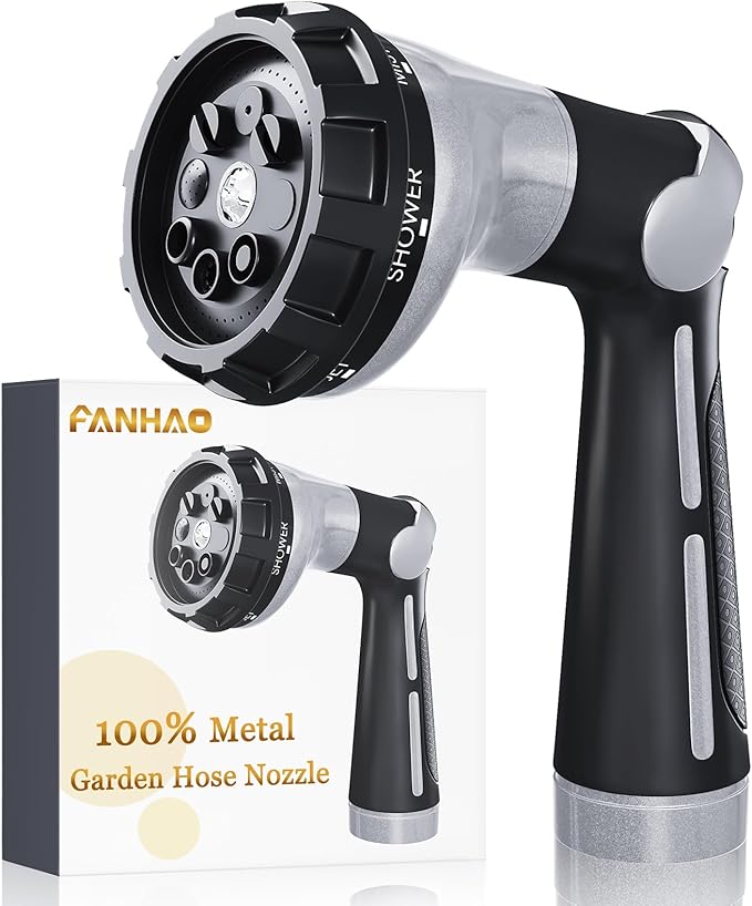 FANHAO Garden Hose Nozzle Heavy Duty, 100% Metal Water Hose Sprayer with 8 Spray Patterns, High Pressure Spray Nozzle Thumb Control On Off Valve for Lawn & Plant Watering, Car & Pet Washing - Silver