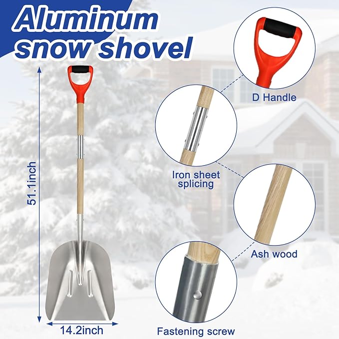 Aluminum Snow Shovel with D Handle,Heavy Duty Metal Scoop Shovel,51.1 Inches Large Capacity Snow Shovel for Driveway,Coal Shovel for Mulch,Moving Feed and Gardening