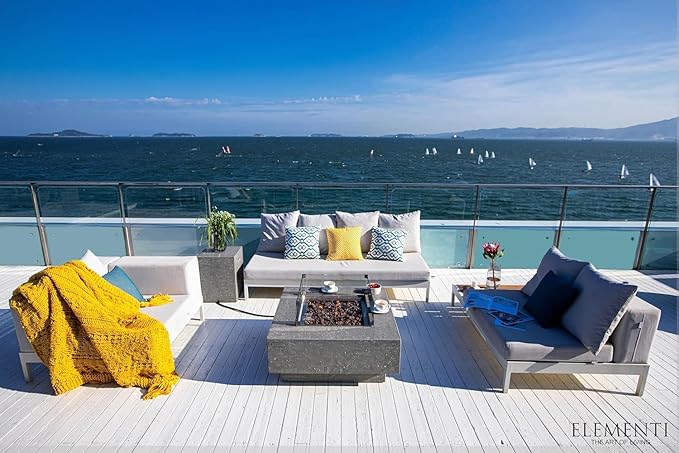 Elementi Manhattan Gas Fire Pit Bundle Concrete Fire Table, Outdoor Fire Pit Electronic Ignition | Canvas Cover, Lava Rock Included | Free AMS Wind Guard | Light Gray (Natural Gas)