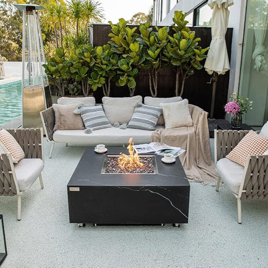 Sofia Marble Fire Pit 39.4" x 39.4" Outdoor Patio Firepit Includes Fire Glass Modern Fire Pits & Outdoor Fireplaces for Garden, Deck, Indoor & Outdoor Heating