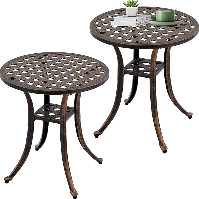 Outdoor 19" Pack of 2 Cast Aluminum Round Side Table for Patio, Backyard, Pool, Easy Maintenance and Weather Resistant (2, Bronze)