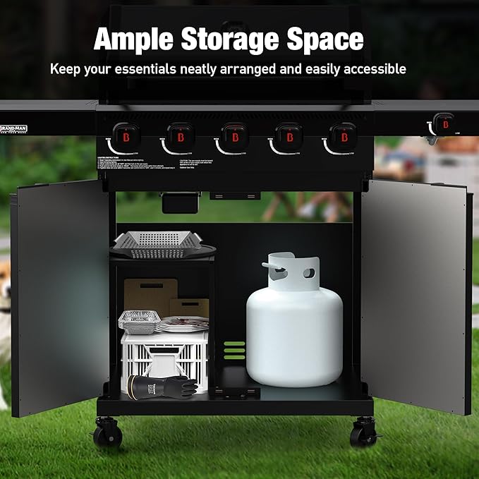 Brand-Man PRO 5-Burner Propane Gas Grill,14000 BTUs Searing Zone with Infrared-Mesh, Porcelain-Enameled Cast Iron Grates and Griddle, Side Burner & Natural Gas Convertible for Outdoor Barbecue Cooking