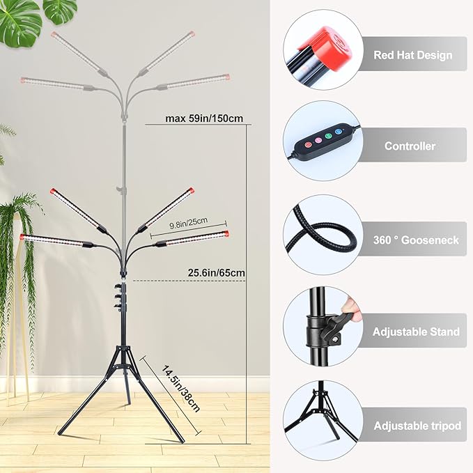 Gamechanger! 36W 4Head Grow Light with Tripod Stand, FECiDA 2025 Big Coverage LED Grow Lights for Indoor Plants, Bonsai Tree, Full Spectrum Tall Plant Growing Lamp 4,8,12,16 Hr Timer