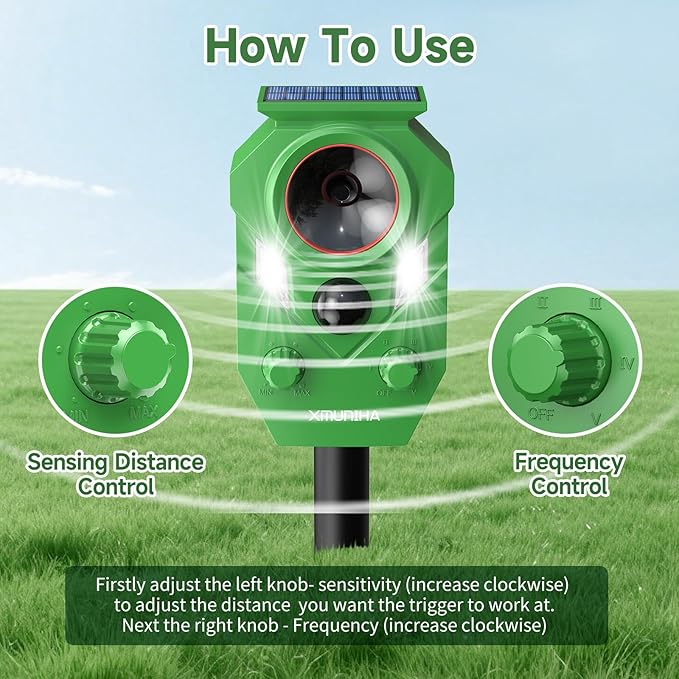 Solar Ultrasonic Animal Repellent Outdoor, Deer Repellent for Yard with RIP Sensor, IP65 Waterproof Squirrels Repeller, Effective Deterrent Cat, Raccoons, Skunks, Rabbits - Light Green