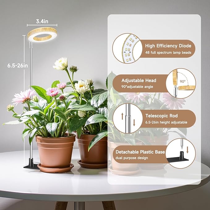 Kullinss Grow Light, 48 LEDs Full Spectrum Plant Lights for Indoor Growing with Base, Wood Grain Small Plant Growing Lamp with 6/12/16H Timer, 3 Color Modes, 5 Brightness, 6.5"-26" Height Adjustable