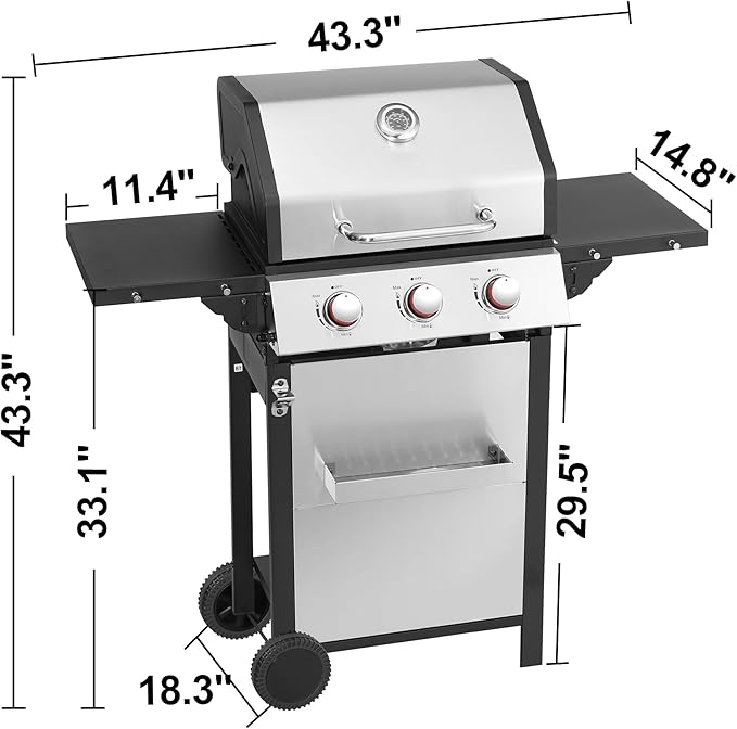 3-Burner Propane Gas Grill with Stainless Steel Cabinet - Outdoor BBQ Grill Side Table, Knob Controls, Cast Iron Grates & Thermometer