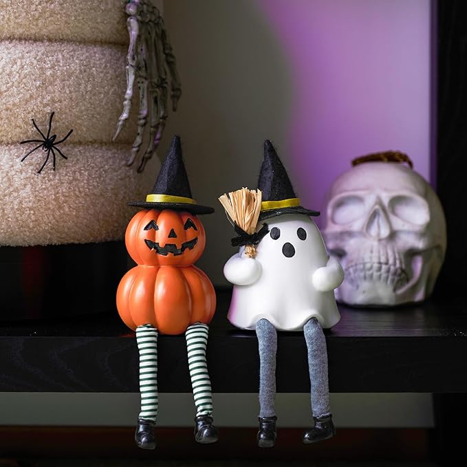 WDS WONDROUS Halloween Decoration-2 Pack Ghost Figurine & Pumpkin Statues for Indoor Mantle Shelf Sitters Table Decor, Cute Resin Pumpkin Ghost Sculpture with Hats, Legs and Broom, Spooky Gift
