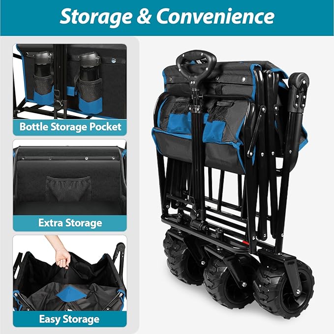 Taifa Foldable Collapsible Wagon Cart with Extra Push Pull Handle, Heavy Duty Portable Folding Beach Utility Grocery Wagon Cart with Big Wheels and Brakes for Sand, Camping, Shopping, Black and Blue