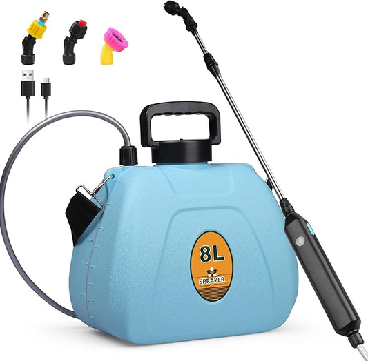 Battery Backpack Sprayer 2.1 Gallon, Rechargeable Sprayer with 3 Adjustable Nozzles, 1.5-3H Runtime, Adjustable Wand Leak-Proof & Chemical-Resistant Tank for Lawn, Garden & Farm Use (Blue)