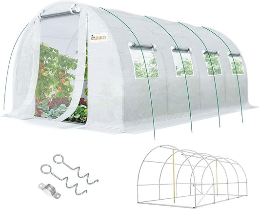KING BIRD Premium 20x10x6.6FT Greenhouse for Outdoors, Large Walk-in Heavy Duty Galvanized Steel Frame, Mesh Door Screen Window Upgraded Zipper Tunnel Hoop for Garden Plant Winter, White