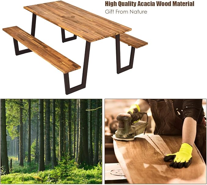 Giantex Picnic Table Bench Set with Umbrella Hole, Outdoor Dining Table Set, 70'' Acacia Wood Picnic Beer Table with Metal Frame Patented
