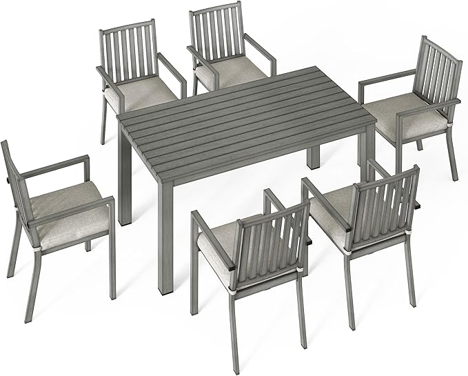 Wisteria Lane Aluminum 7 Pieces Patio Dining Sets, Outdoor Dining Table with 6 Chairs, Outdoor Patio Dining Furniture Set with Removable Cushion for Lawn, Garden, Backyard, Gray