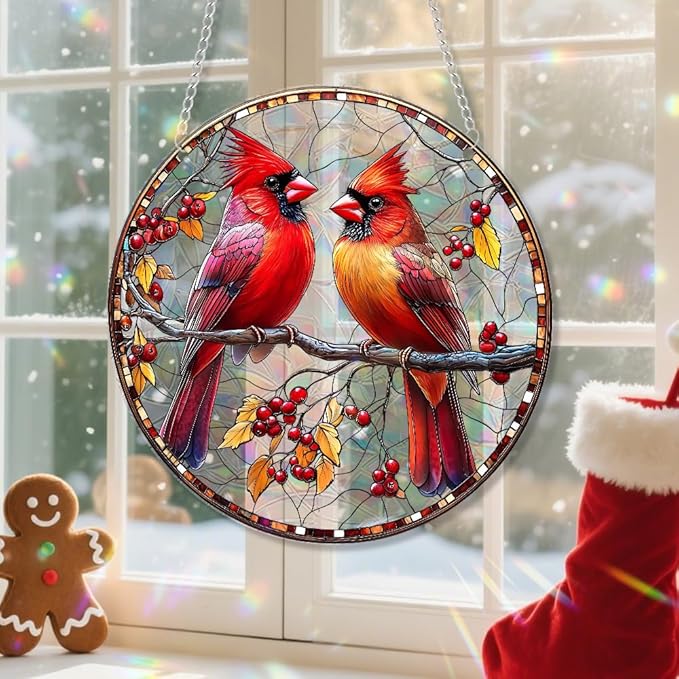 Xmas Suncatcher Bird Window Hanging - Christmas Snowman Suncatcher for Door Terrace Garden Home Decor， Winter Rainbow Maker Birthday Gifts for Lovers Women Men Dad Mom