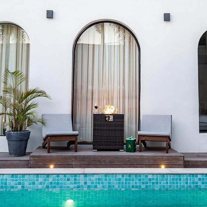 24in Outdoor Propane Gas Fire Pit Table, 40,000 BTU Auto-Ignition Gas Firepit with Glass Wind Guard, Marble Tile Tabletop, Mixed Color Glass Rocks, Brown PE Rattan