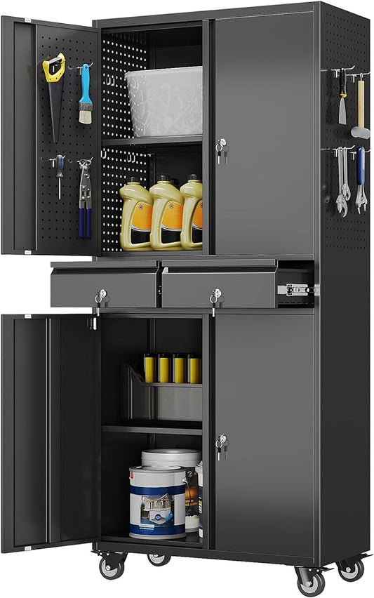 71" H Rolling Tool Storage Cabinet with Pegboard and 2 Drawers,Metal Garage Storage Cabinet with Wheels and Doors for Garage, Warehouse,Home,Required Assembly,Black